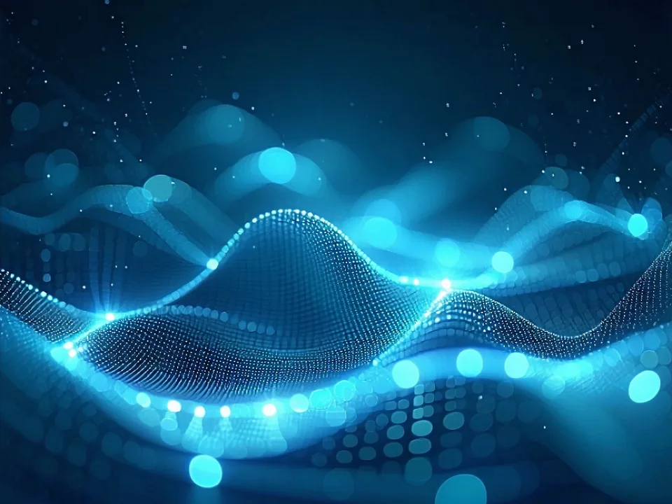 Abstract data visualization showing luminous teal node clusters and retail shelf grid matrices on deep navy background